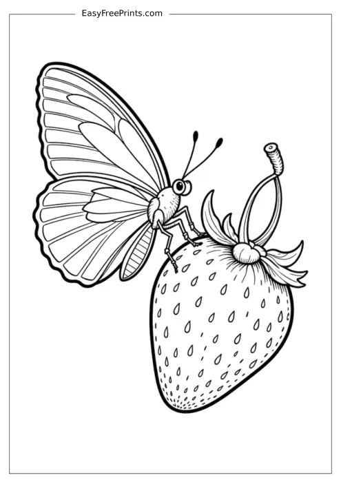 Butterfly on a Strawberry Coloring Page
