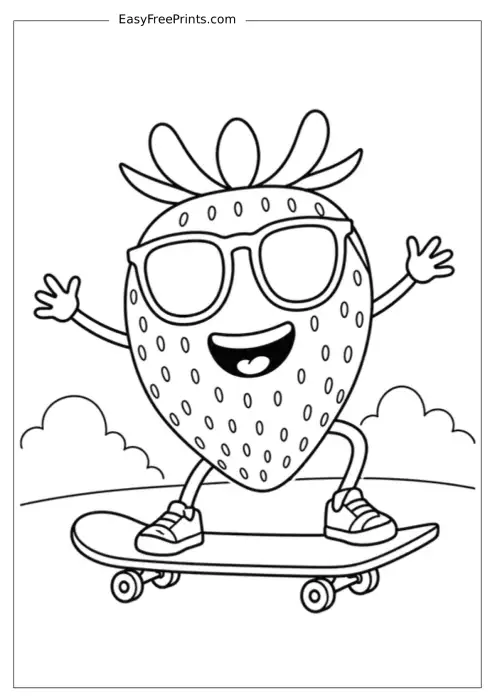 Cool Strawberry on a Skateboard Coloring Page