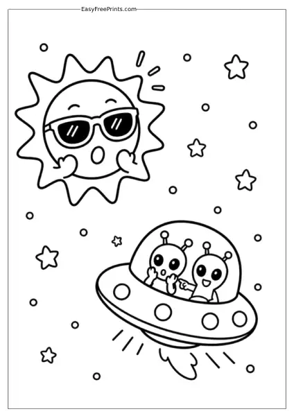 Cool Sun Watching Friendly Aliens in a UFO Coloring Page