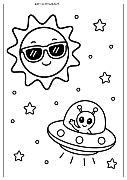 Cool Sun and Friendly Alien UFO Coloring Page