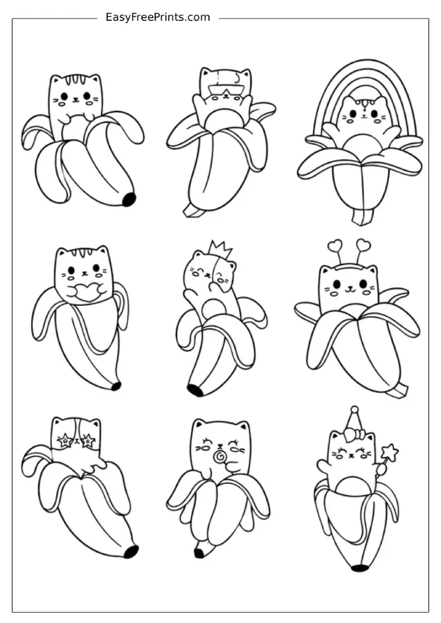 Cute Cats in Banana Peels Coloring Page