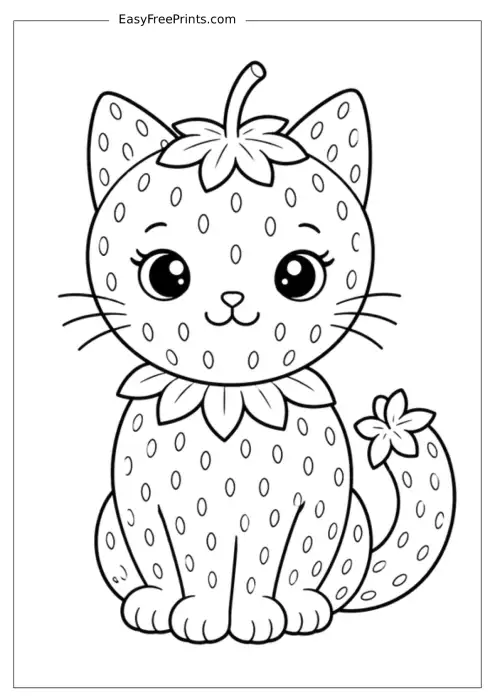 Cute Strawberry Cat Coloring Page