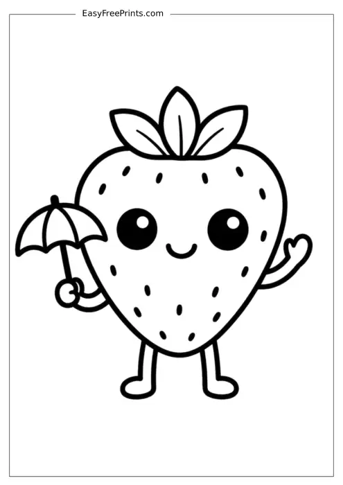 Cute Strawberry with Umbrella Coloring Page