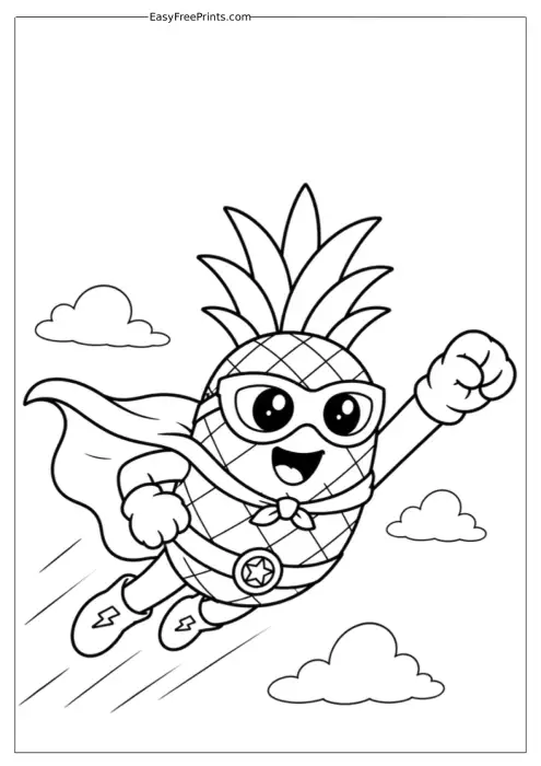 Flying Superhero Pineapple Coloring Page