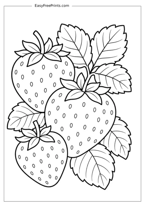 Fresh Strawberries and Leaves Coloring Page