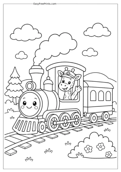 Giraffe Train Driver Coloring Page