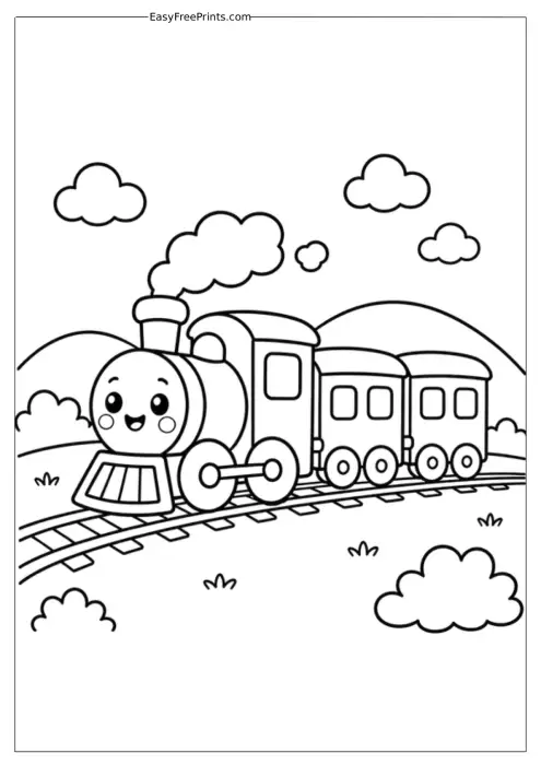 Happy Steam Train in the Countryside Coloring Page