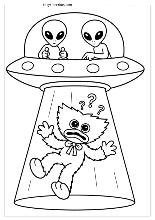Huggy Wuggy Alien Abduction Coloring Page