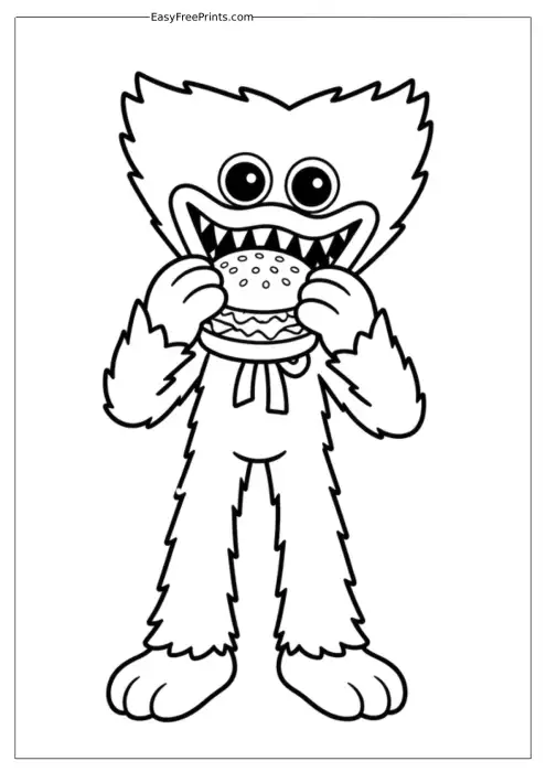 Huggy Wuggy Eating Hamburger Coloring Page