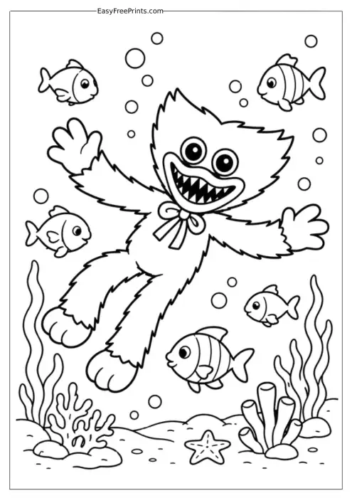 Huggy Wuggy Swimming with Fish Coloring Page