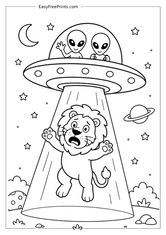 Lion Abduction by Aliens Coloring Page