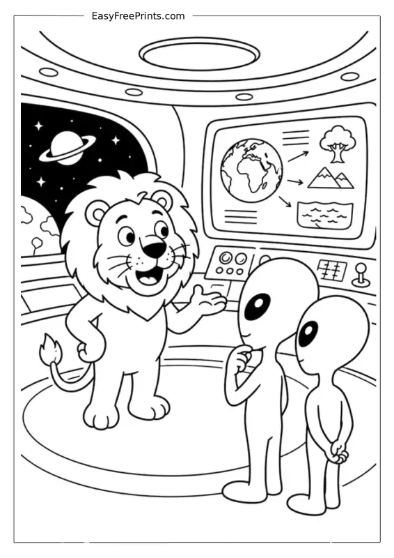 Lion Exploring an Alien Planet Coloring Page