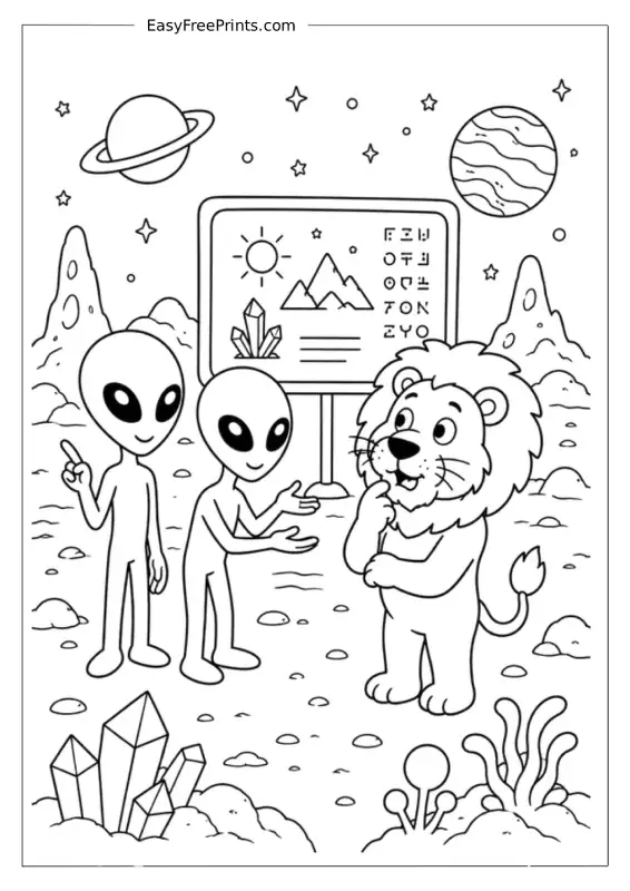 Lion Meeting Friendly Aliens Coloring Page