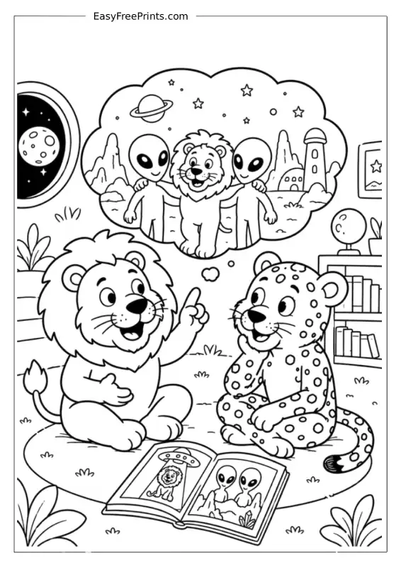 Lion Tells an Alien Story Coloring Page