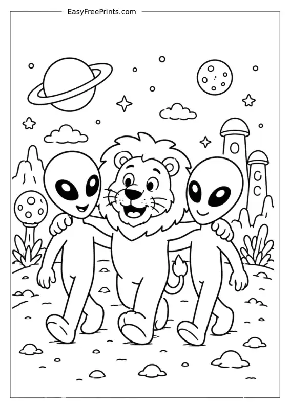 Lion and Alien Best Friends Coloring Page
