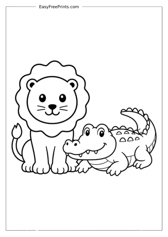 Lion and Crocodile Friends Coloring Page