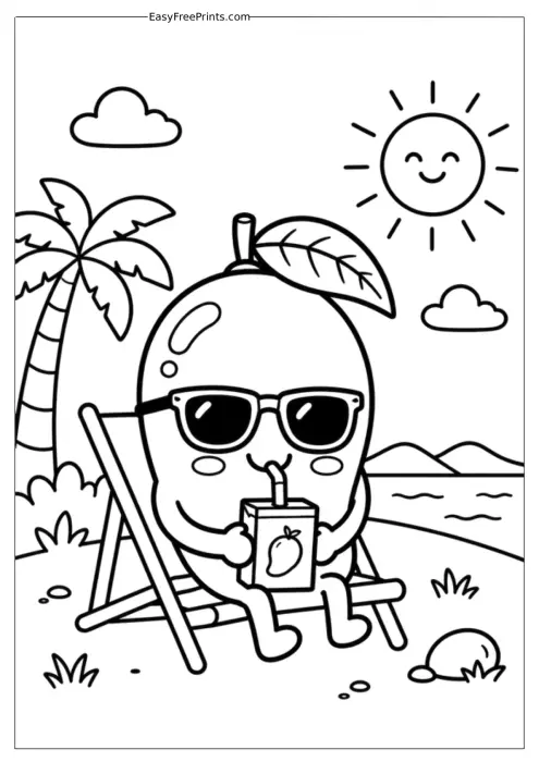 Mango Relaxing on a Tropical Beach Coloring Page