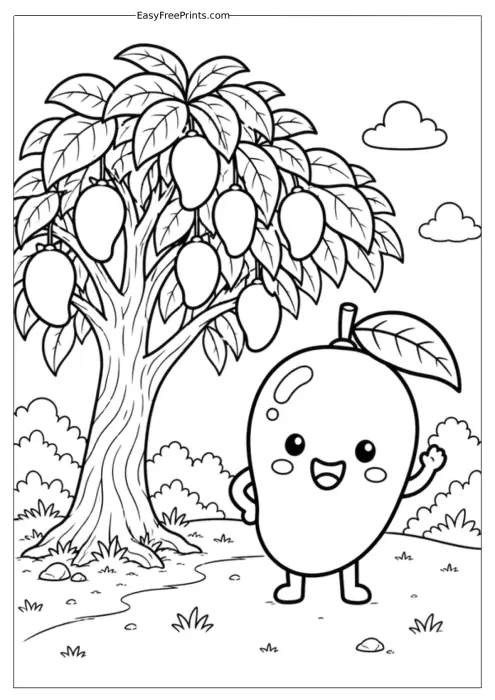 Mango Tree and Mango Character Coloring Page