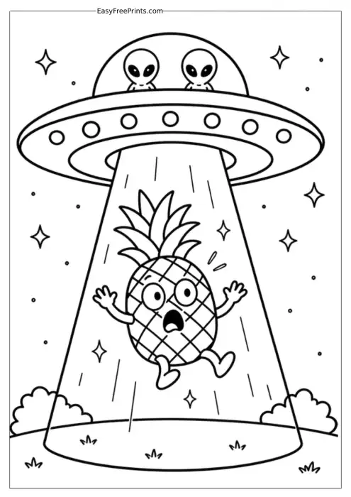 Pineapple Abducted by Aliens Coloring Page
