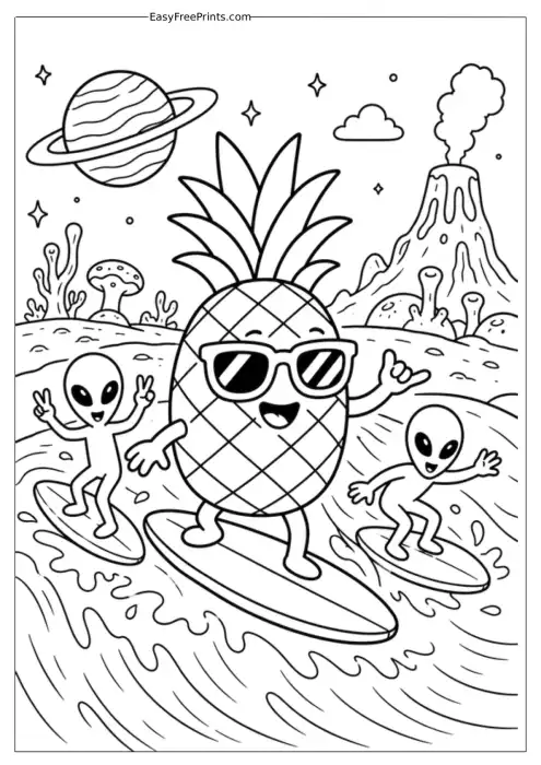 Pineapple Surfing with Aliens Coloring Page