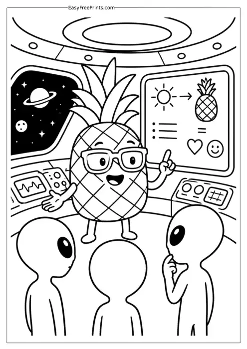 Pineapple Teaching Aliens Coloring Page