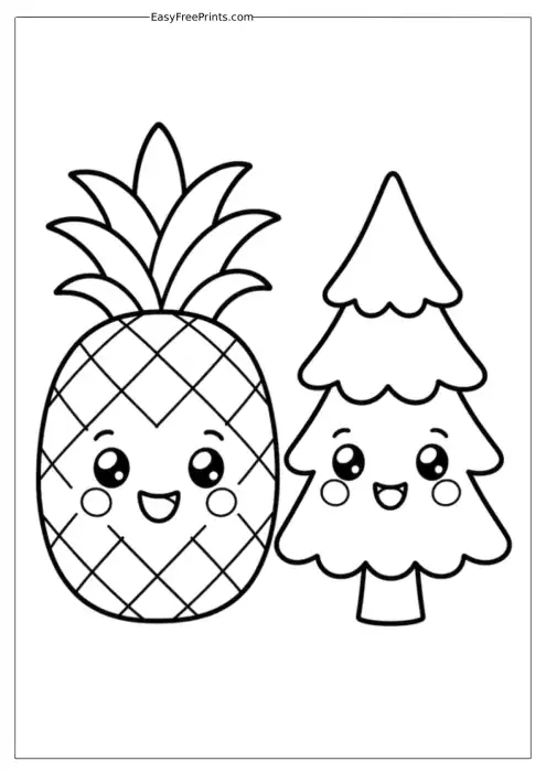 Pineapple and Christmas Tree Coloring Page