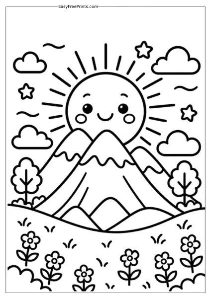 Smiling Sun Mountain Coloring Page