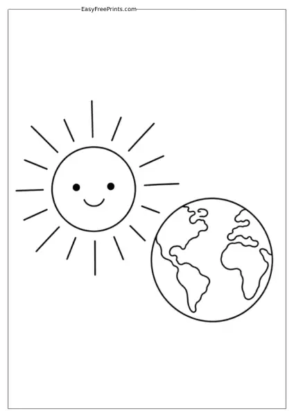 Smiling Sun and Earth Coloring Page