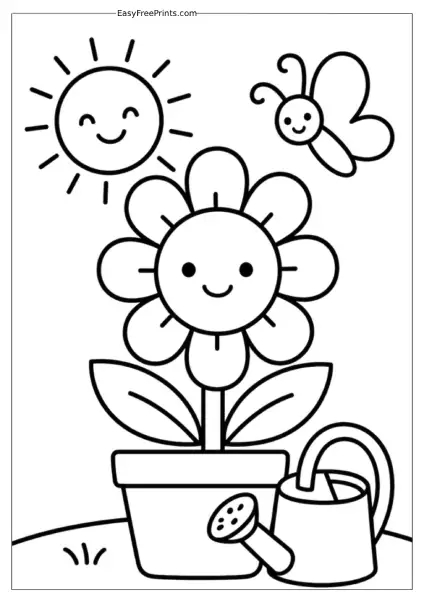 Smiling Sun and Flower in a Pot Coloring Page