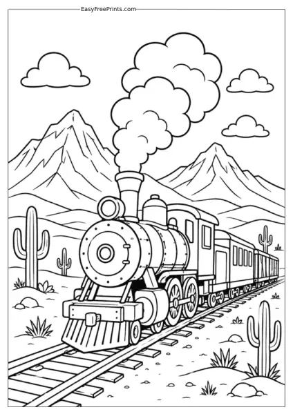 Steam Train in the Mountains Coloring Page