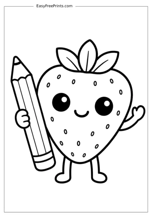 Strawberry Holding a Pencil Coloring Page