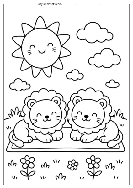 Sun Above Twin Lions Coloring Page
