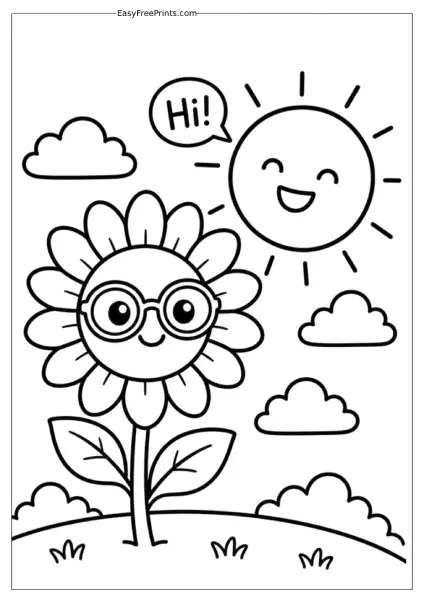 Sun Saying Hello to a Flower with Glasses Coloring Page