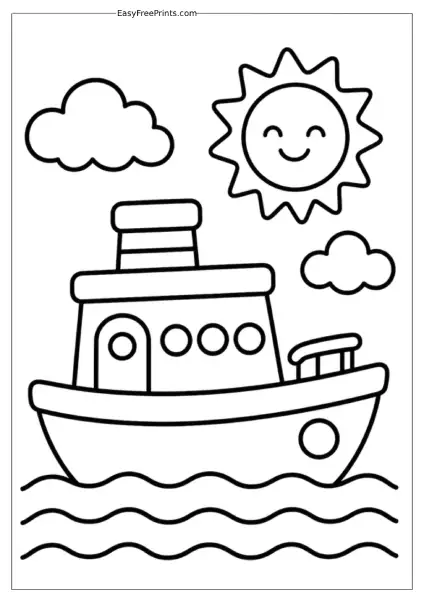 Sun Shining Over a Boat Coloring Page