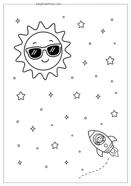 Sun and Rocket Coloring Page