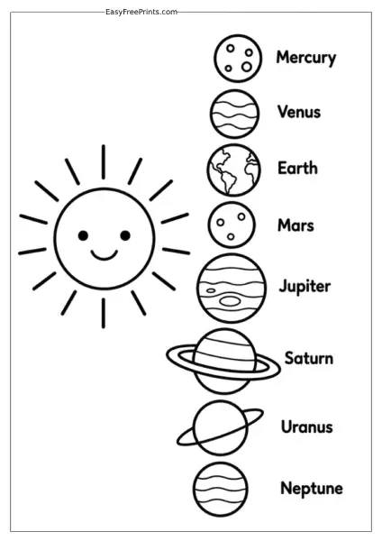 Sun and Solar System Planets Coloring Page