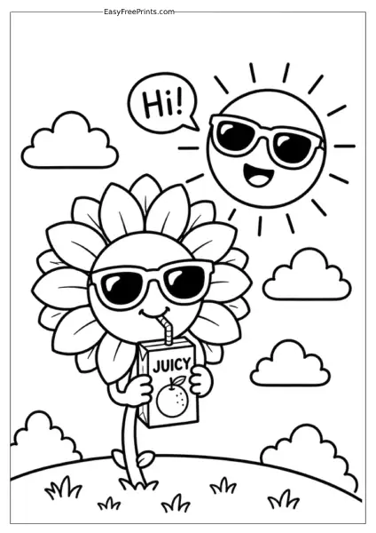Sun and Sunflower Sharing a Juice Box Coloring Page