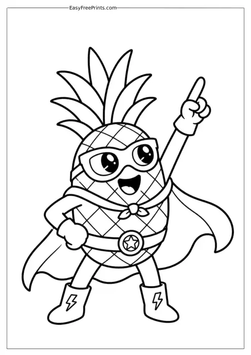 Superhero Pineapple Pointing to the Sky Coloring Page