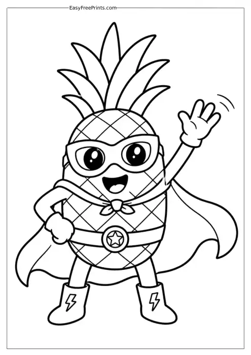 Superhero Pineapple Waving Coloring Page