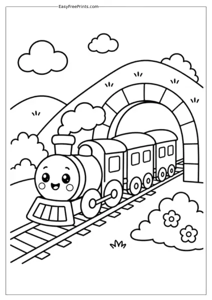 Train Going Through a Tunnel Coloring Page