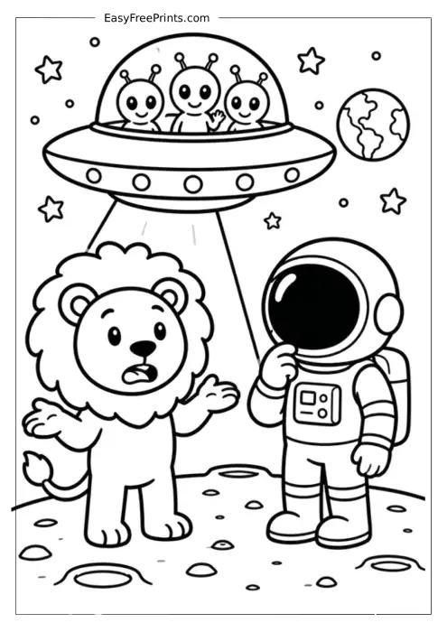 Lion Alien Abduction Coloring Page