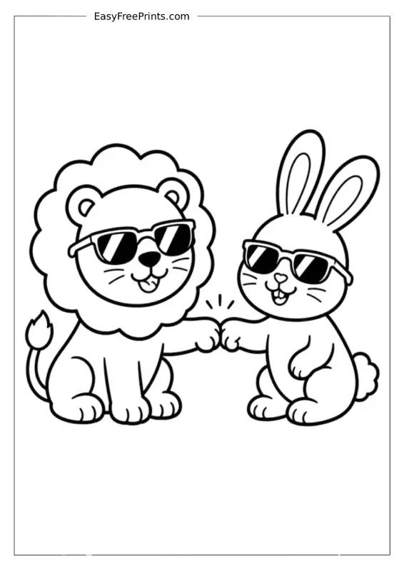 Lion and Bunny Fist Bump Coloring Page