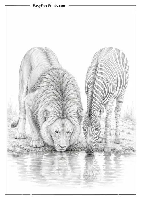 Lion and Zebra Drinking Water Coloring Page
