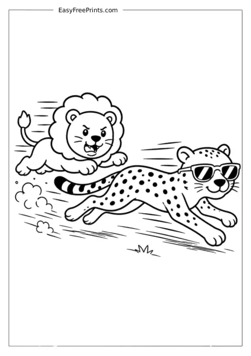 Lion Chasing a Cheetah Coloring Page