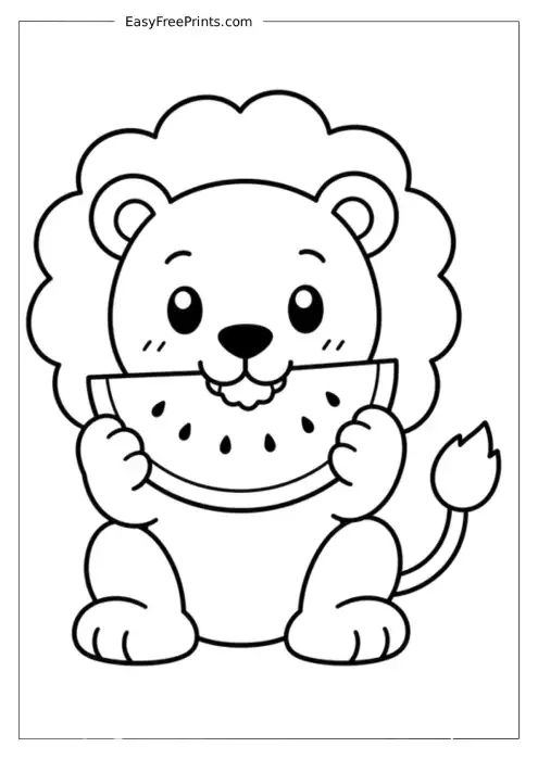 Lion Eating a Watermelon Coloring Page