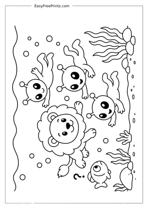 Lion Swimming with Aliens Coloring Page