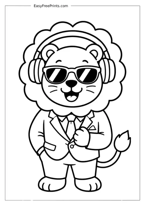Lion Wearing a Suit and Headphones Coloring Page