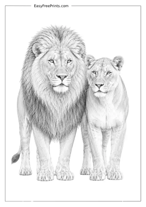 Realistic Lion and Lioness Pair Coloring Page