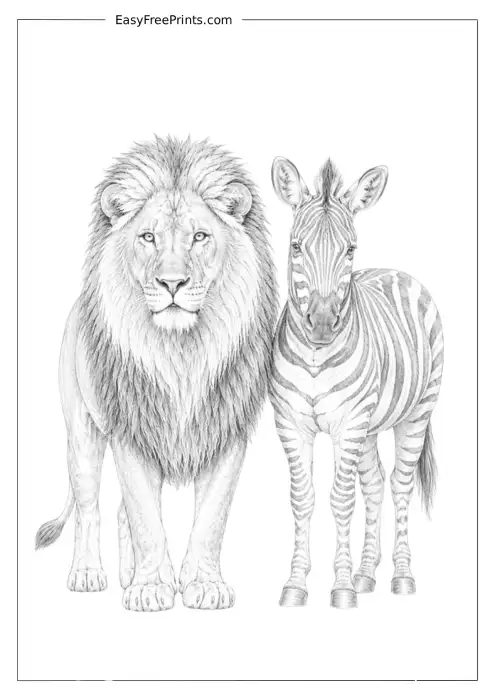 Realistic Lion and Zebra Coloring Page
